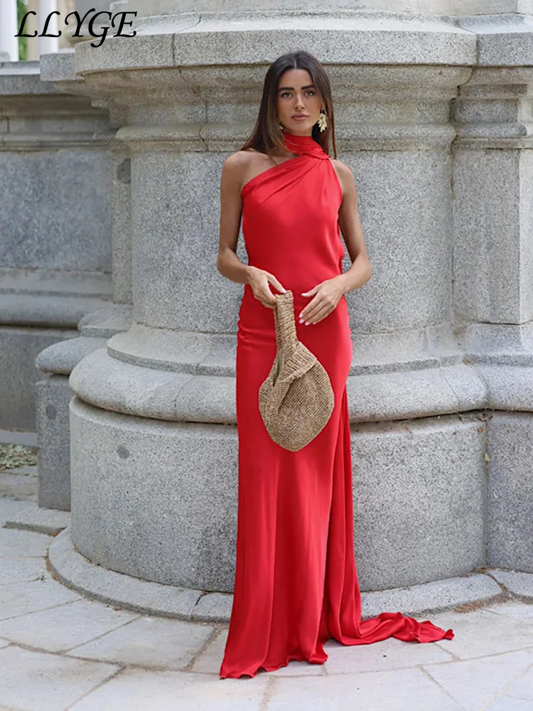 Ribbon Long Satin  Halter Backless Sleeveless Dresses
