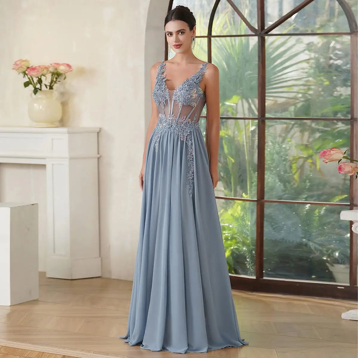 Spaghetti Straps  A Line Evening Dresses  Beaded Appliques