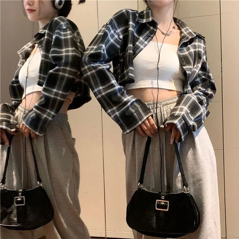 Plaid High Waist Loose  Crop Tops