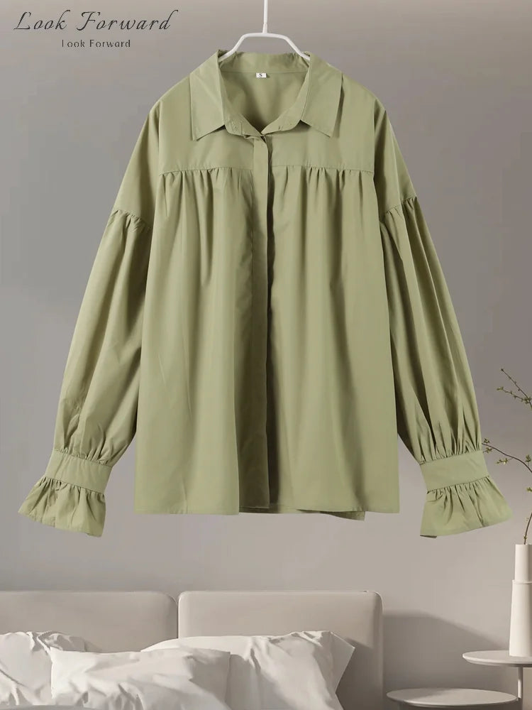 Lantern Sleeve Buttons Turn-Down Collar Pleated Blouse