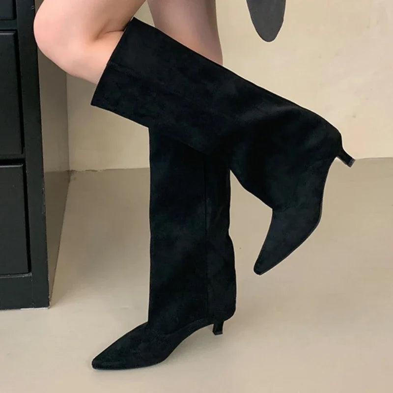 Pointed Toe Knee-High Boots Low Heels
