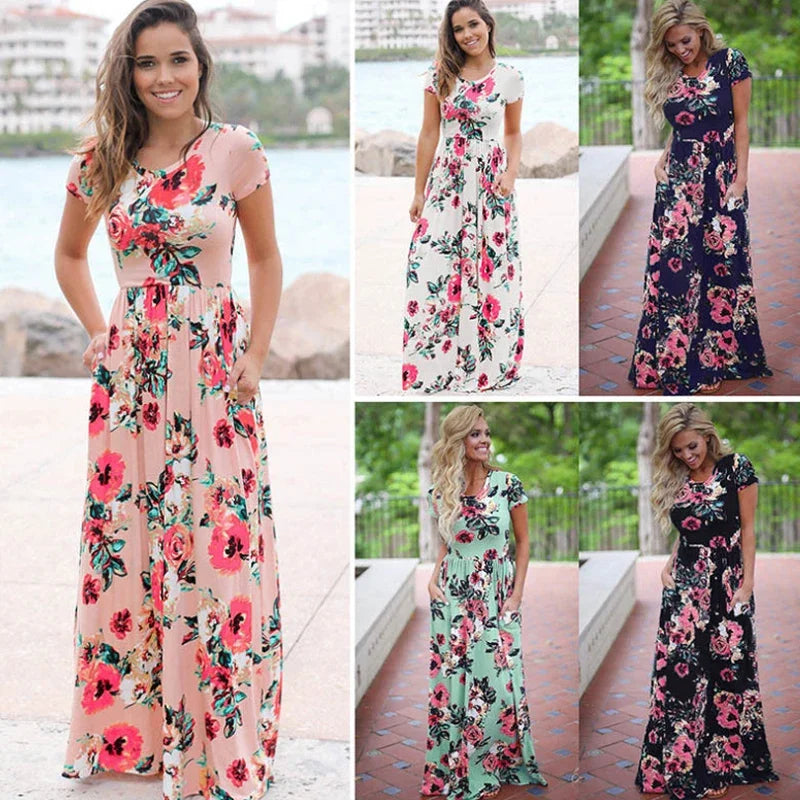 Floral Print  Short Sleeve Maxi Dress