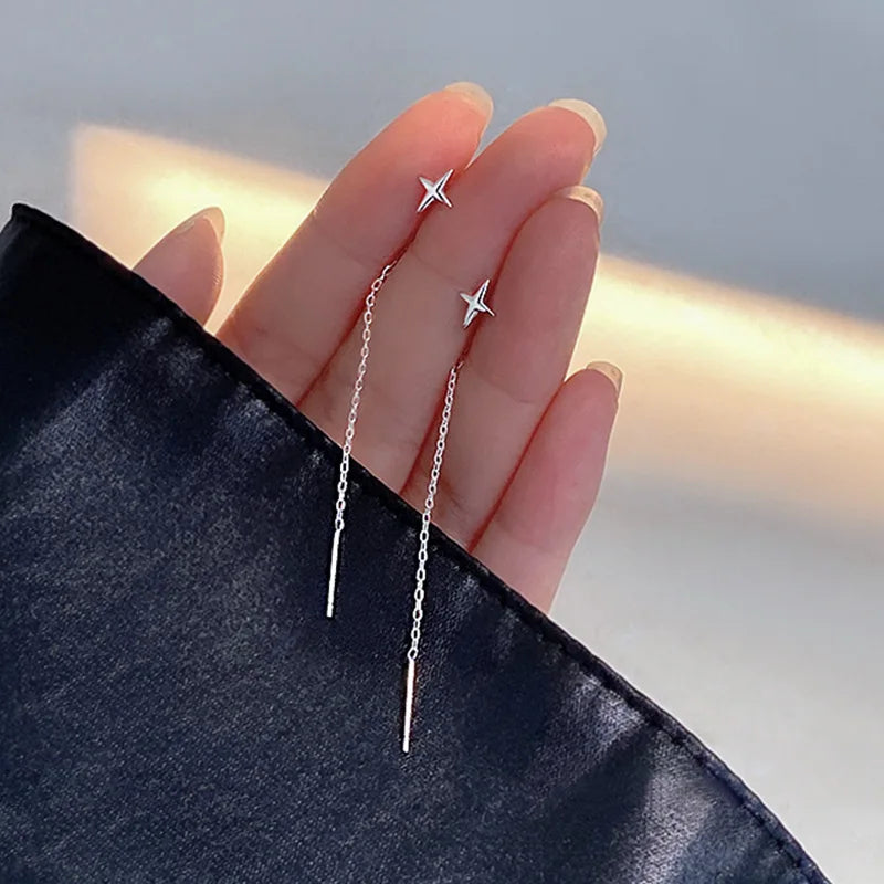 Silver Needle Star Line Tassel Drop Earring