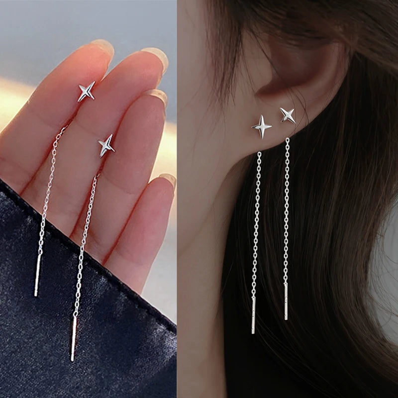 Silver Needle Star Line Tassel Drop Earring