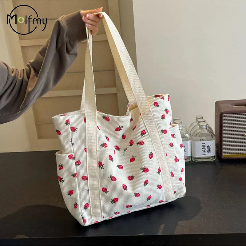 Strawberries Corduroy Shoulder Women's Tote Bags