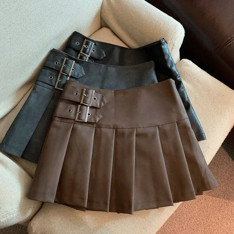 Leather Mini  High Waist Pleated Skirt