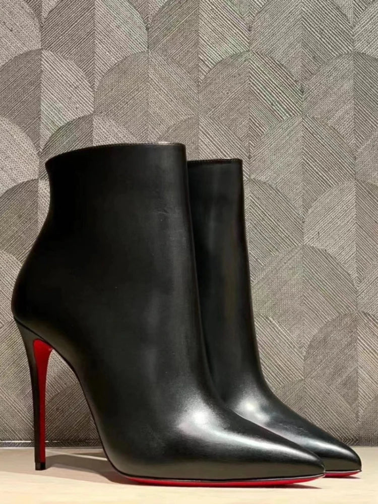 Leather Black Pointed Red Bottom Thin Heels