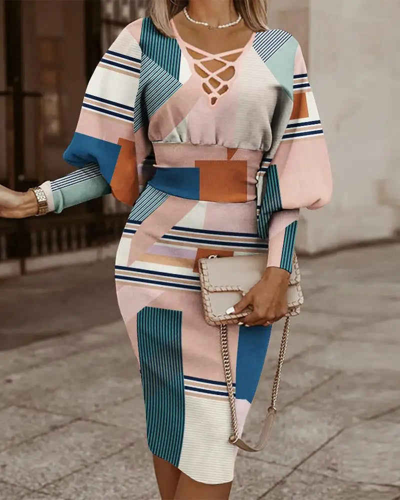 Long Sleeved Slim Fit Dress V-neck Cinched