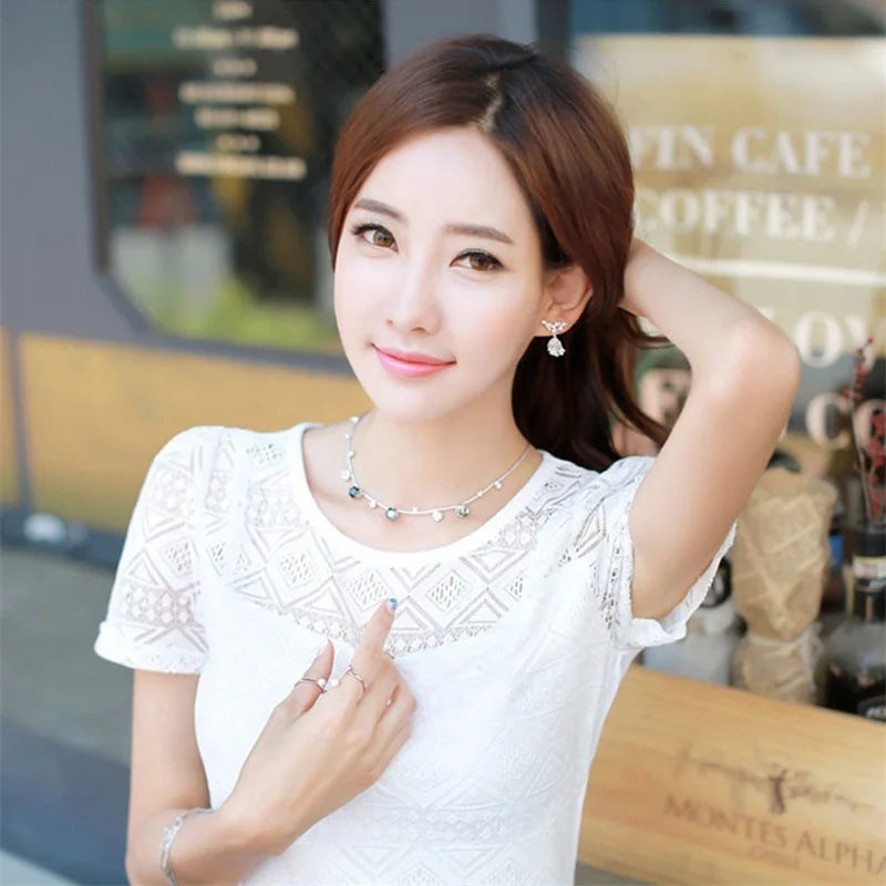 Chiffon Blouse Lace Crochet  Slim Fit Tops