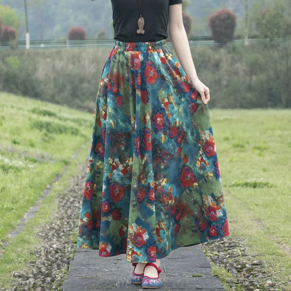 Cotton Linen Print Long Skirt Vintage