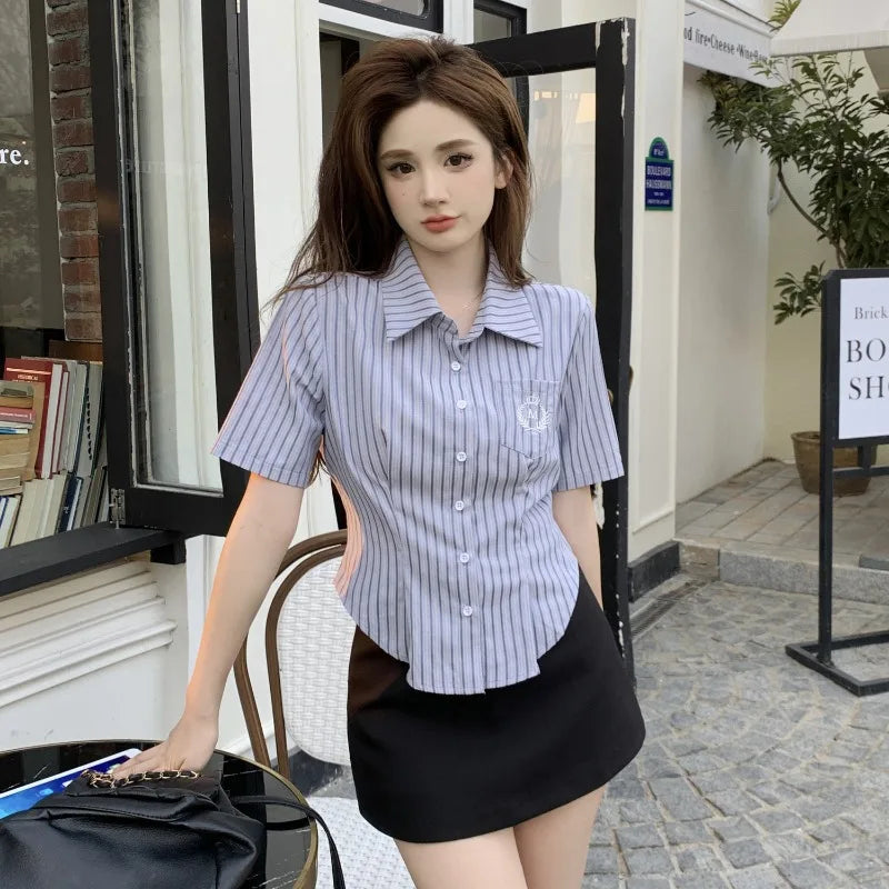 Shirt Crop Button Up Striped Short Sleeve