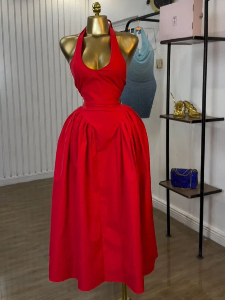 Halter V-neck Backless Sleeveless  Mid Maxi