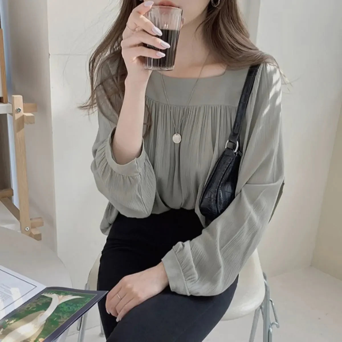 Gray/ Apricot Blouses Long Sleeve