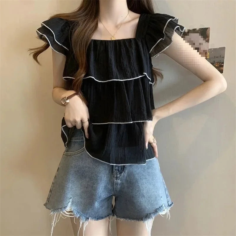 Short Sleeve Chiffon Blouse Ruffle Edge