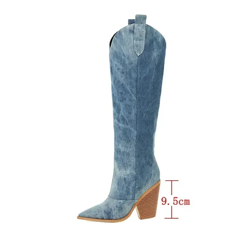 Denim Western Knee  High Boots High Heel
