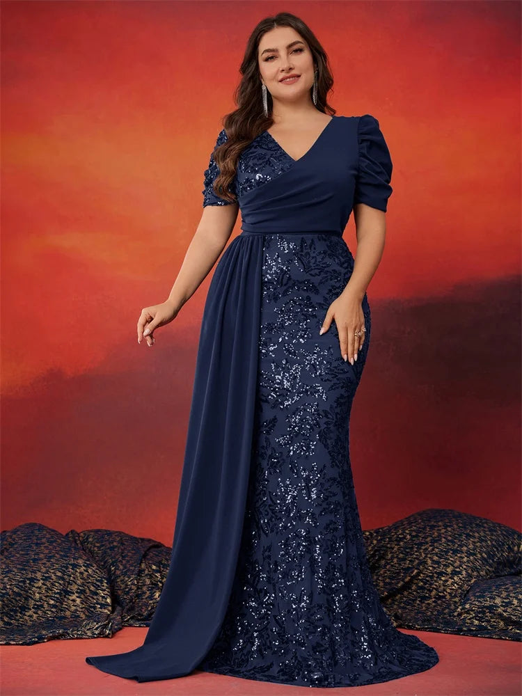 Plus Size Elegant V-neck Sequins Evening Dress