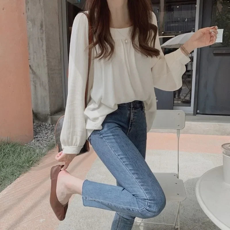 Gray/ Apricot Blouses Long Sleeve