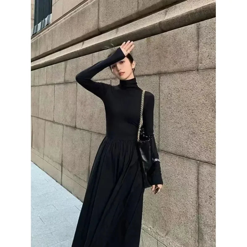 Black Hepburn Style, Gray Turtleneck Dress