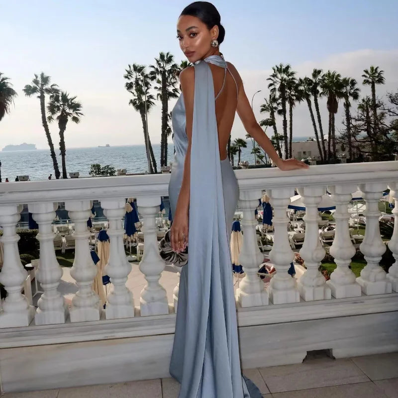 Ribbon Long Satin  Halter Backless Sleeveless Dresses