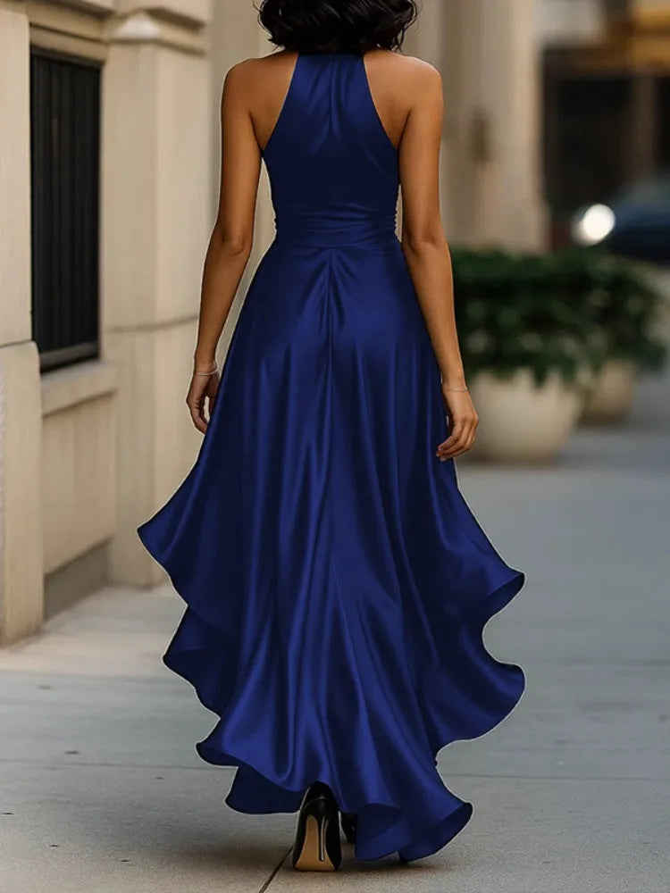 Deep V-neck Ruffled Evening Gowns Solid Color