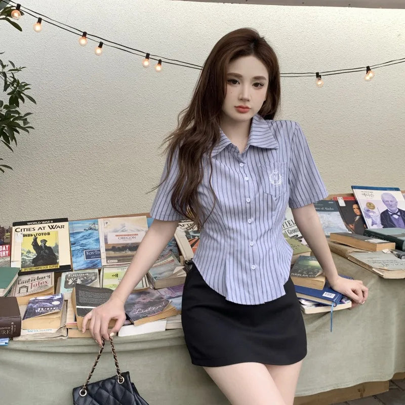 Shirt Crop Button Up Striped Short Sleeve