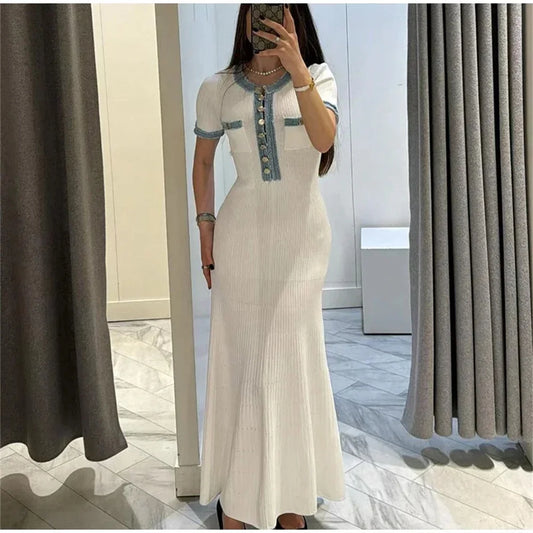 Knit Maxi Dress  O-neck Short Sleeve