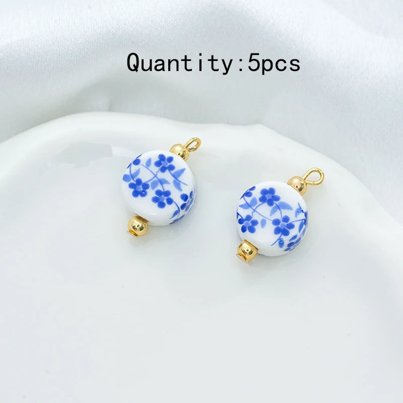 5Pcs Blue printing Adorable Ceramic Charms