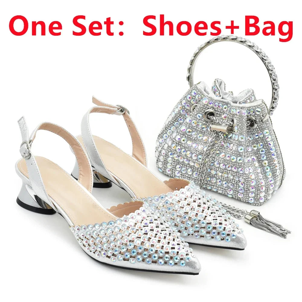 Italian Shoes with Matching Bags Decorated with Rhinestone