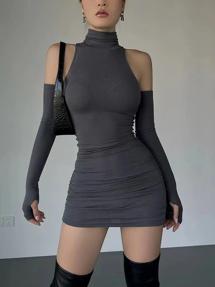 Turtleneck Mini With Sleeves Skinny Stretchy Party