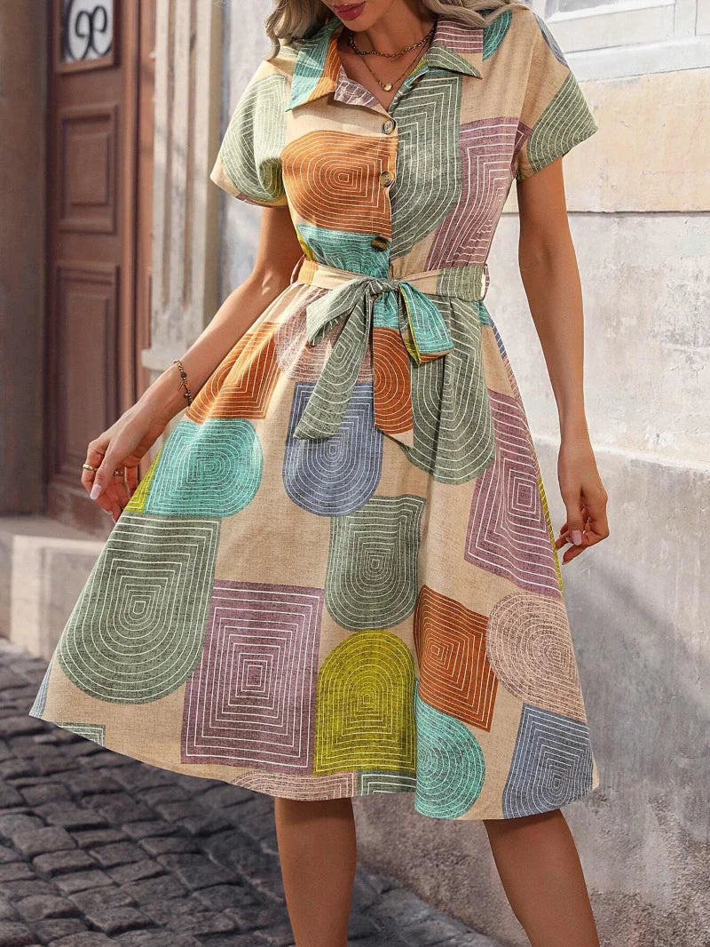 V-neck Short Sleeve  Knee-length Elastic Waist