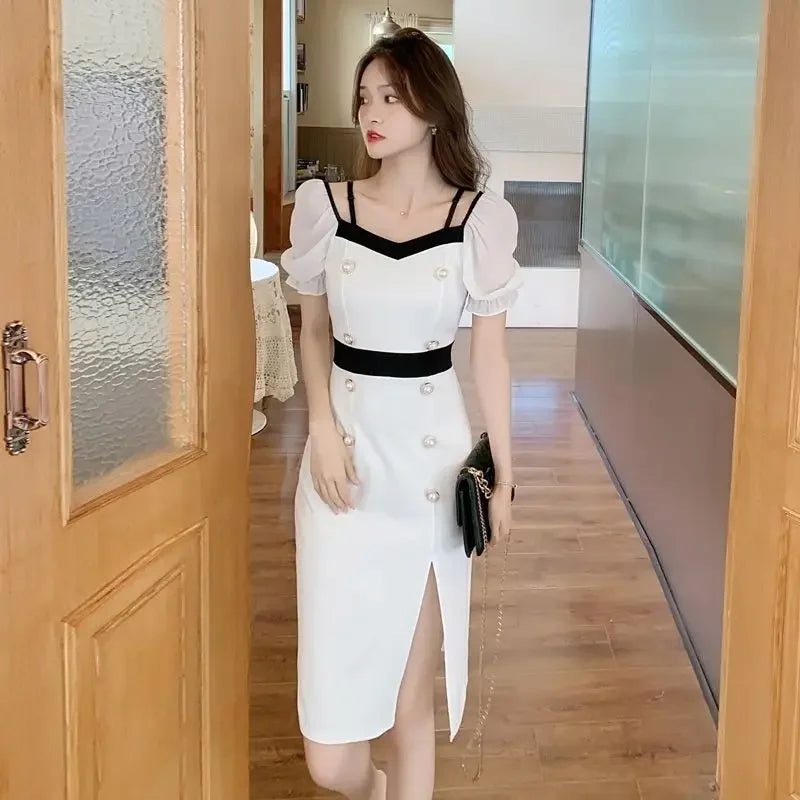 Midi Dress Short Sleeve Split Skirt