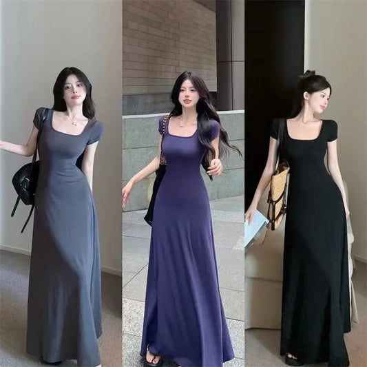 Square Neck Short Sleeves Waist-fitted Long Skirt