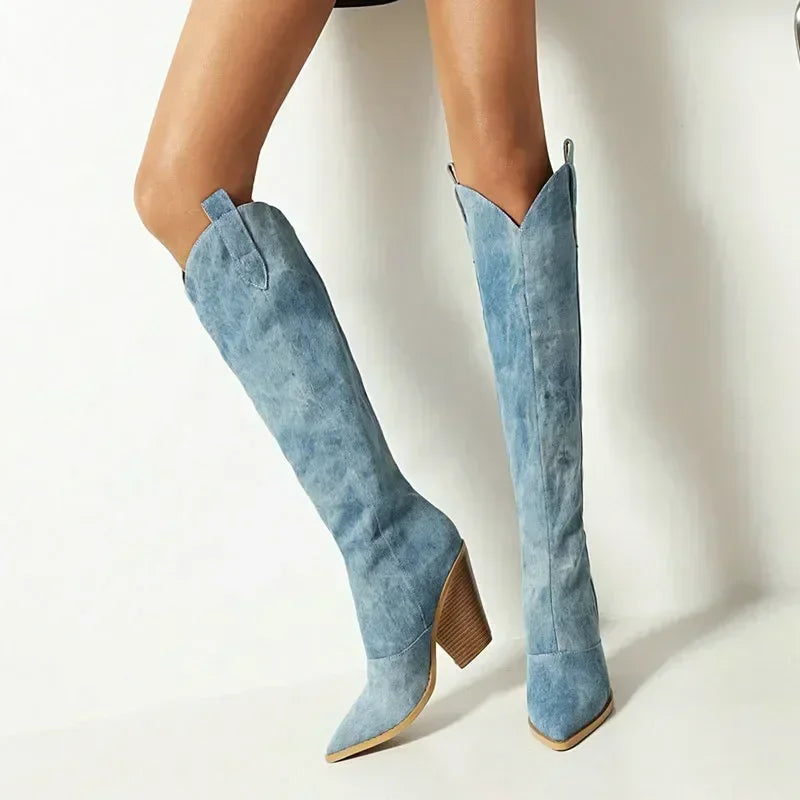 Denim Western Knee  High Boots High Heel