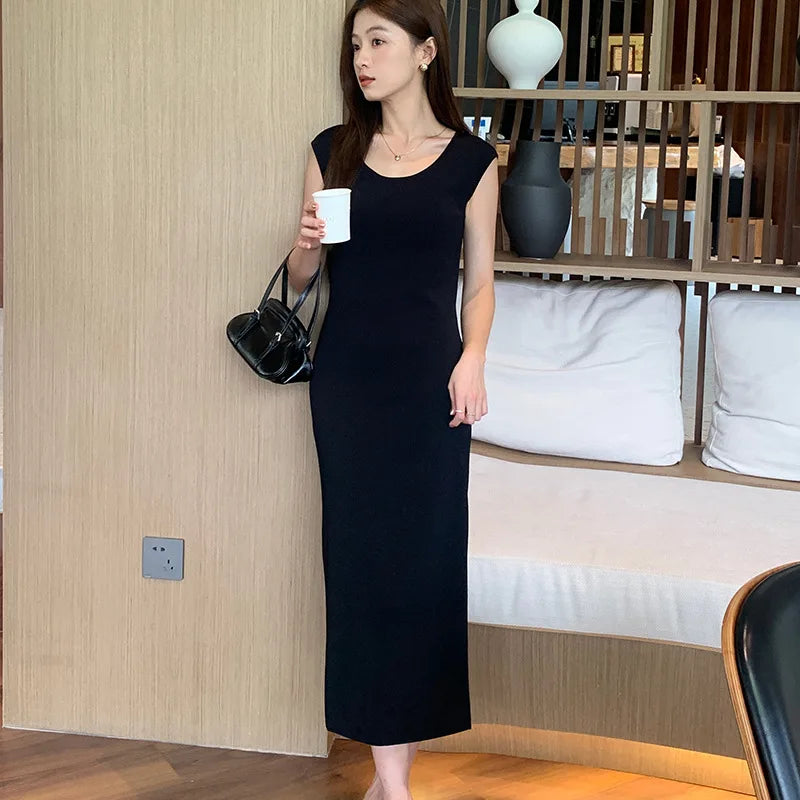 Women's Sleeveless Knit Black Maxi Dress