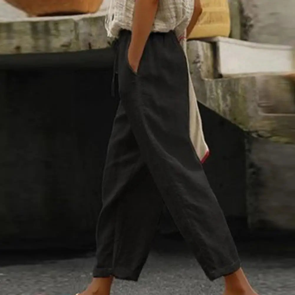 Elastic Waistband Drawstring Pockets Wide Leg Women Pants