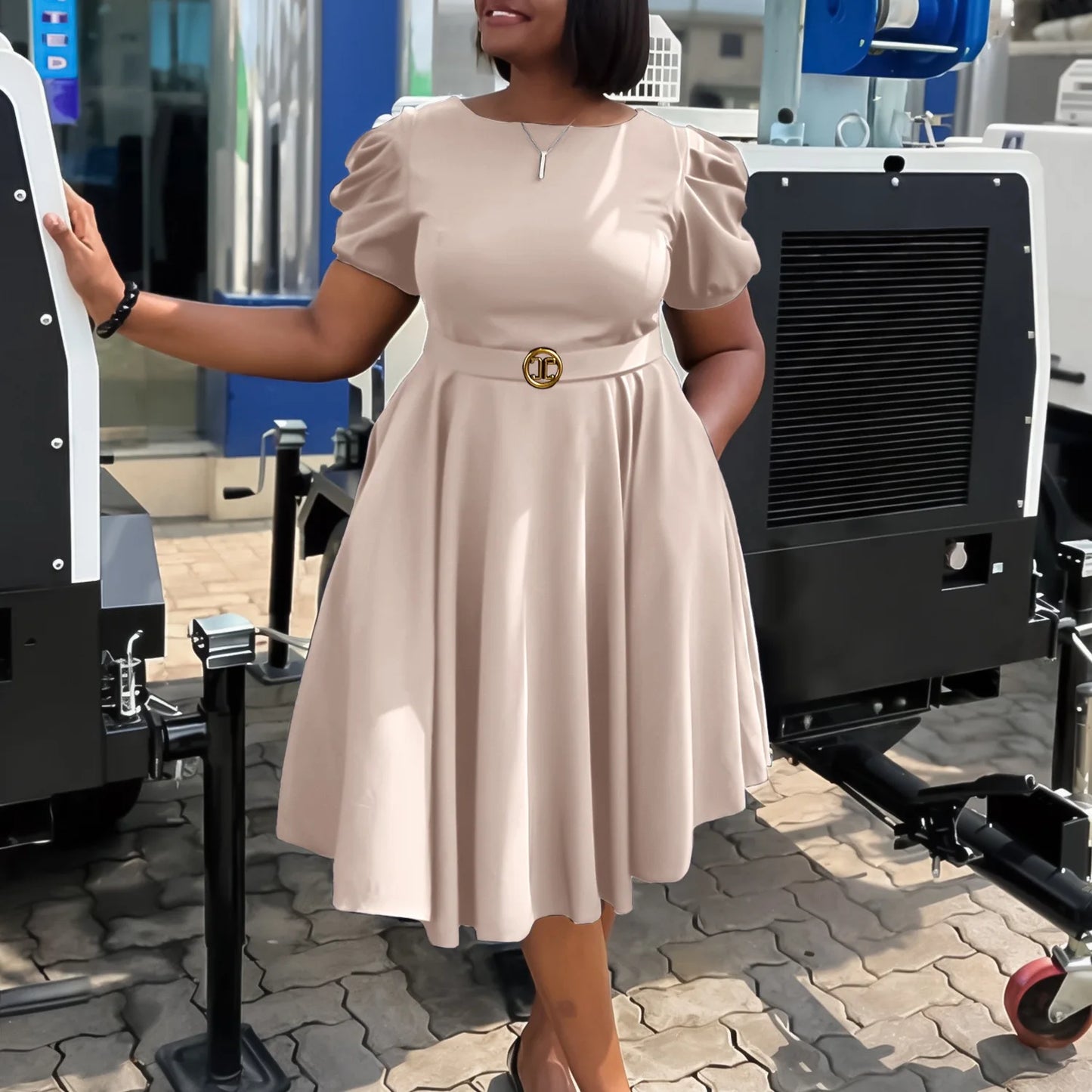 Short Sleeve Belt Waisted Pleated Mid Calf