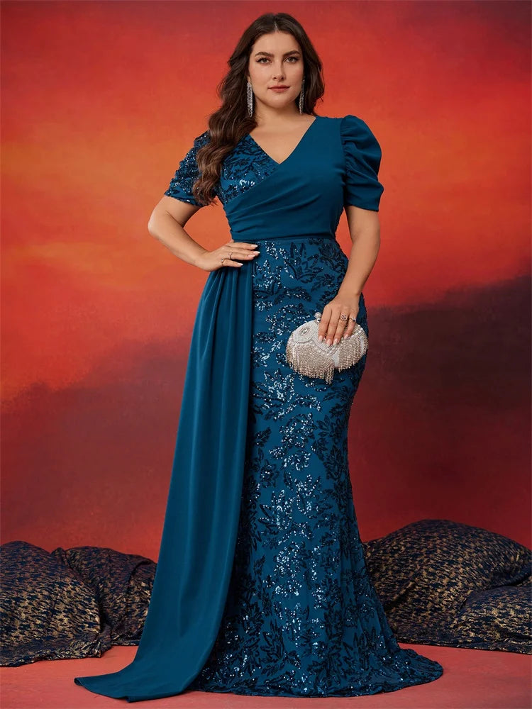 Plus Size Elegant V-neck Sequins Evening Dress