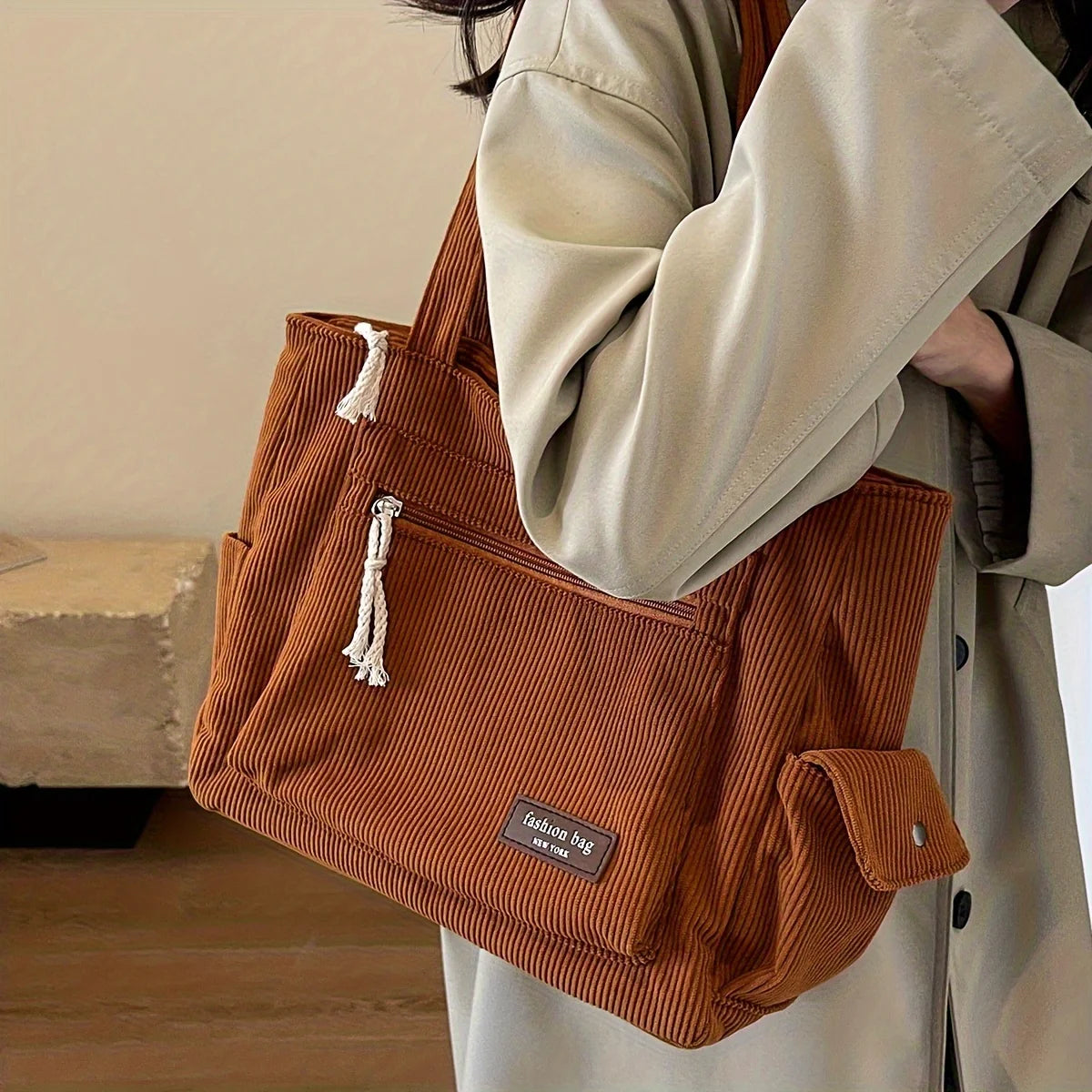 Simple Corduroy  Solid Color Shoulder Bag,