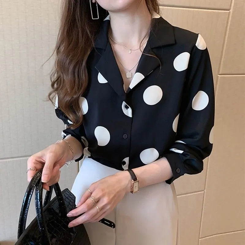 Polka Dot Elegant Lapel Button-up Blouse