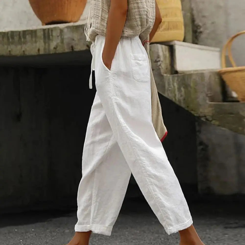 Elastic Waistband Drawstring Pockets Wide Leg Women Pants