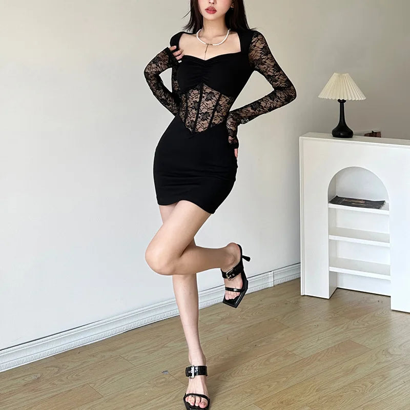 Sexy Lace Stitching Long Sleeve Short Dress