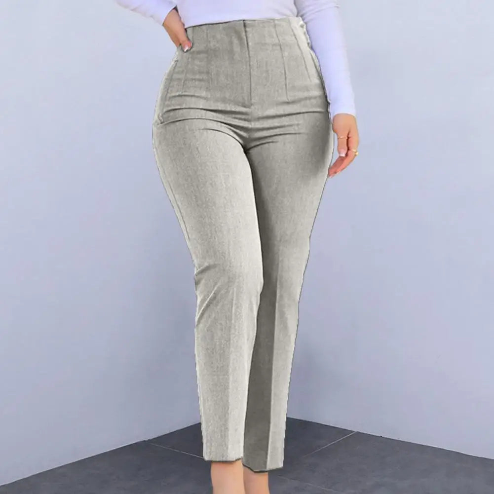 Trousers High Waist Pleated Pockets Solid Color