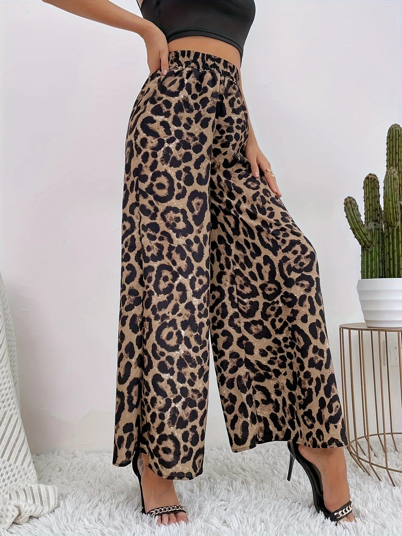 American  leopard print elastic waist wide leg