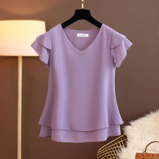 2024 Summer New Women Blouse V-Neck Chiffon Shirt Loose Female Short Sleeve Blouse Oversized Shirts Womens Tops Blusas Mujer De