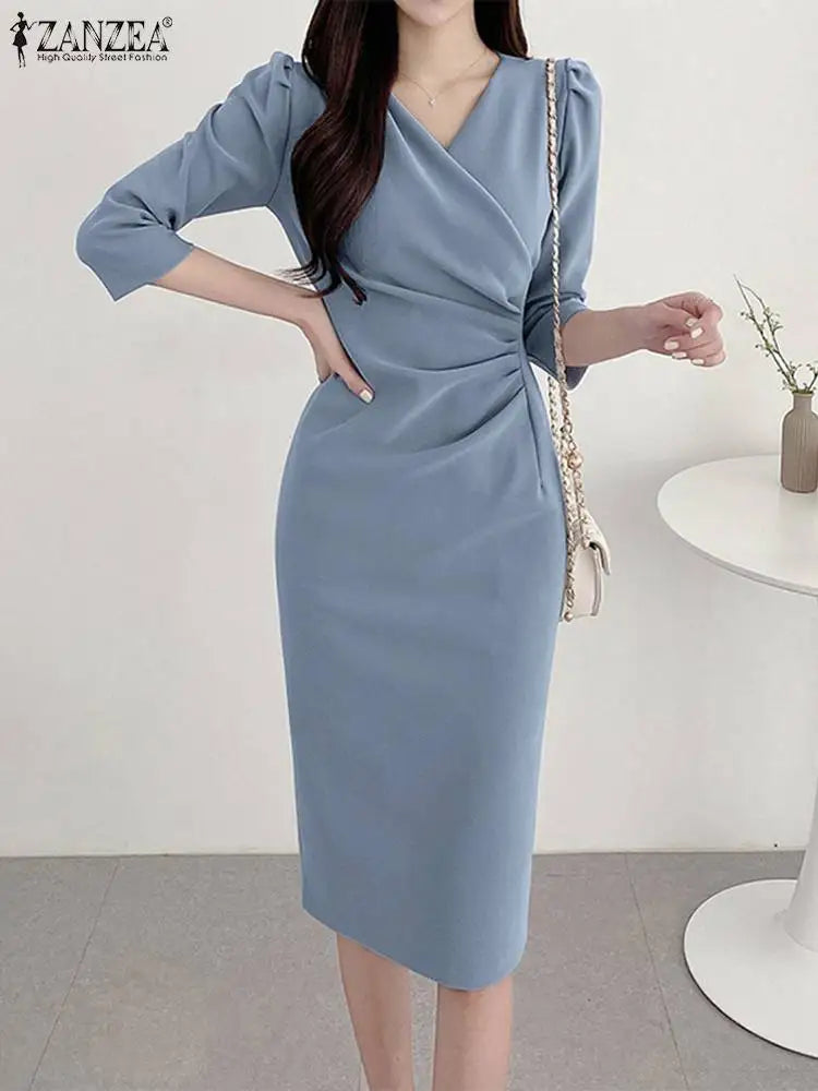 Sexy Solid Color Knee Length  3/4 Sleeve V-Neck