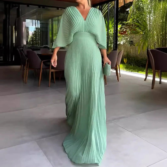 V-neck Casual 3/4 Sleeve Pleated Maxi Dress