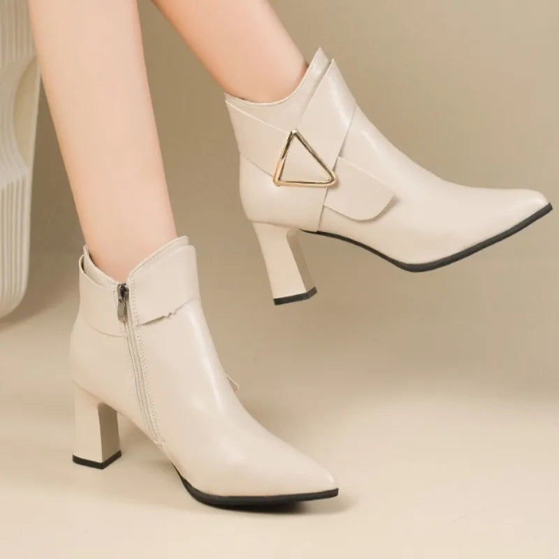 High Heel Short Sexy Pointed Leather Waterproof