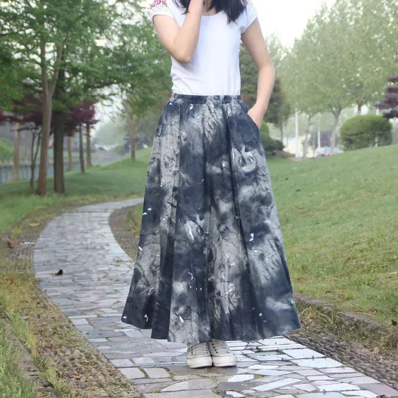 Cotton Linen Print Long Skirt Vintage