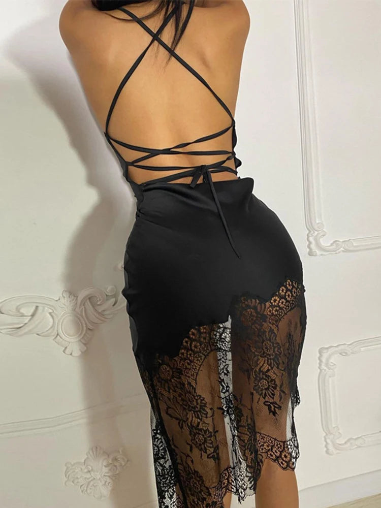 Lace Satin Mini  Backless Short Dress