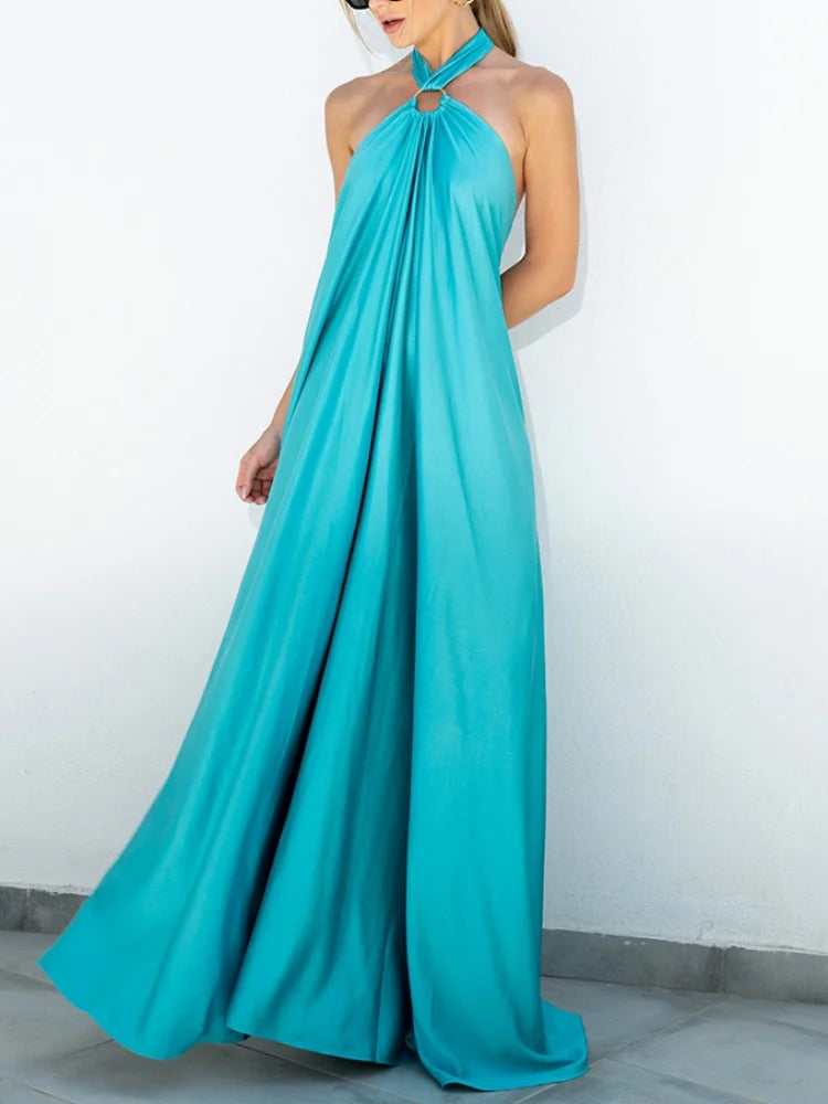Satin Sexy Evening Dress Solid Blue Sleeveless